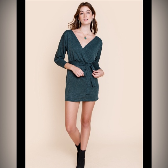 Francesca’s Mi Ami Open Back Wrap Green long sleeve Sweater Dress Sz L - Picture 1 of 4